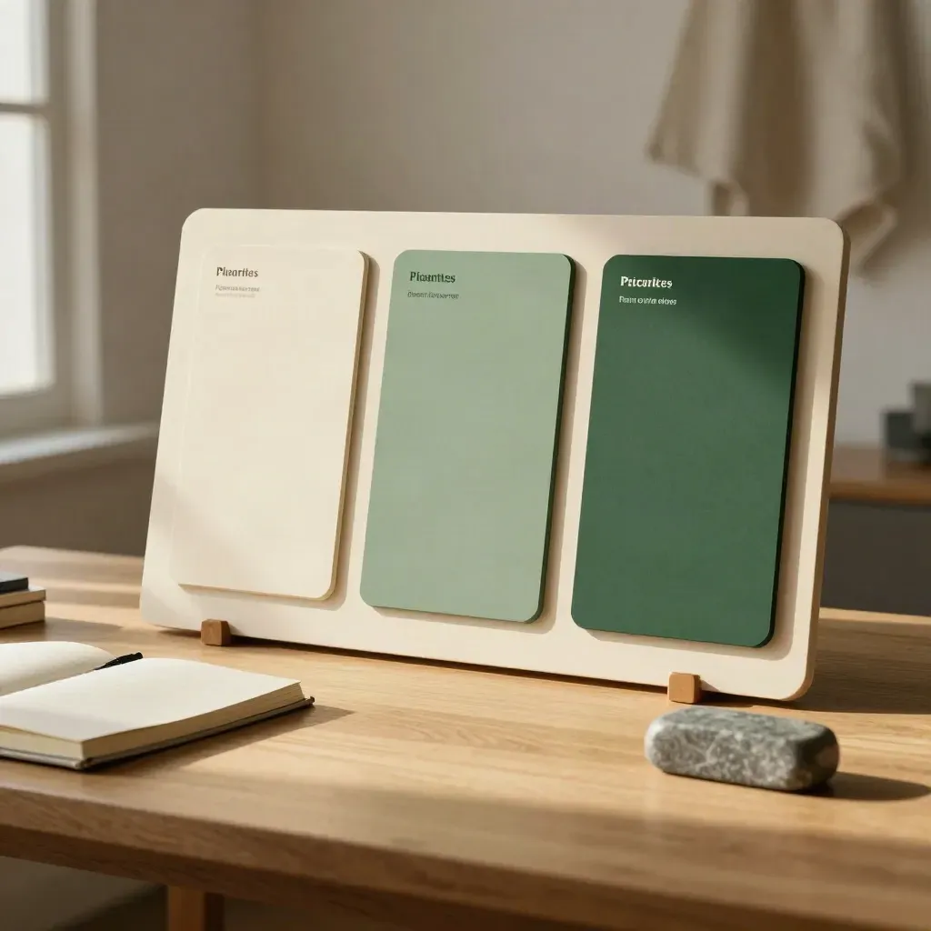 Gerangschikt prioriteitenbord met kaarten, notebook en paperweight op eiken tafel in zacht ochtendlicht.