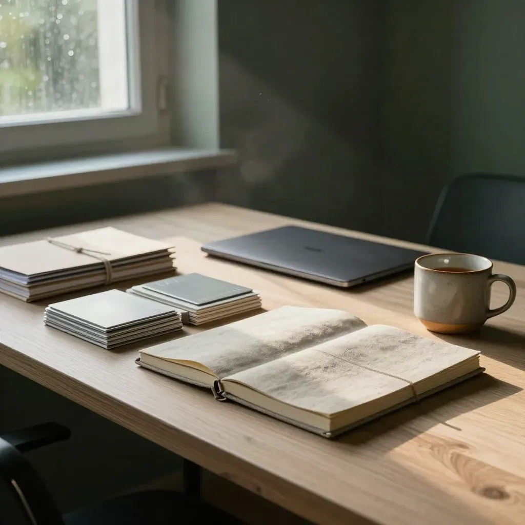 Stille consultancywerkplek met notitieboeken, laptop, dossiers en mok in dramatisch licht.