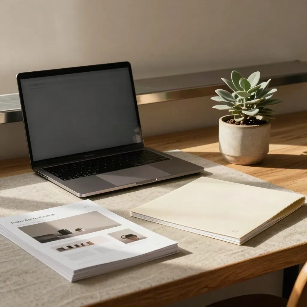 Geordende webstudio met gesloten laptop, omgekeerde proefdrukken, map en sagegroene plant.