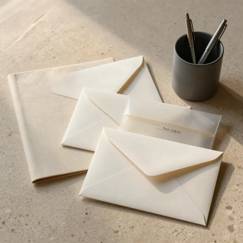 Bovenaanzicht van offwhite enveloppen, een linnen map en offertebundel op travertin.