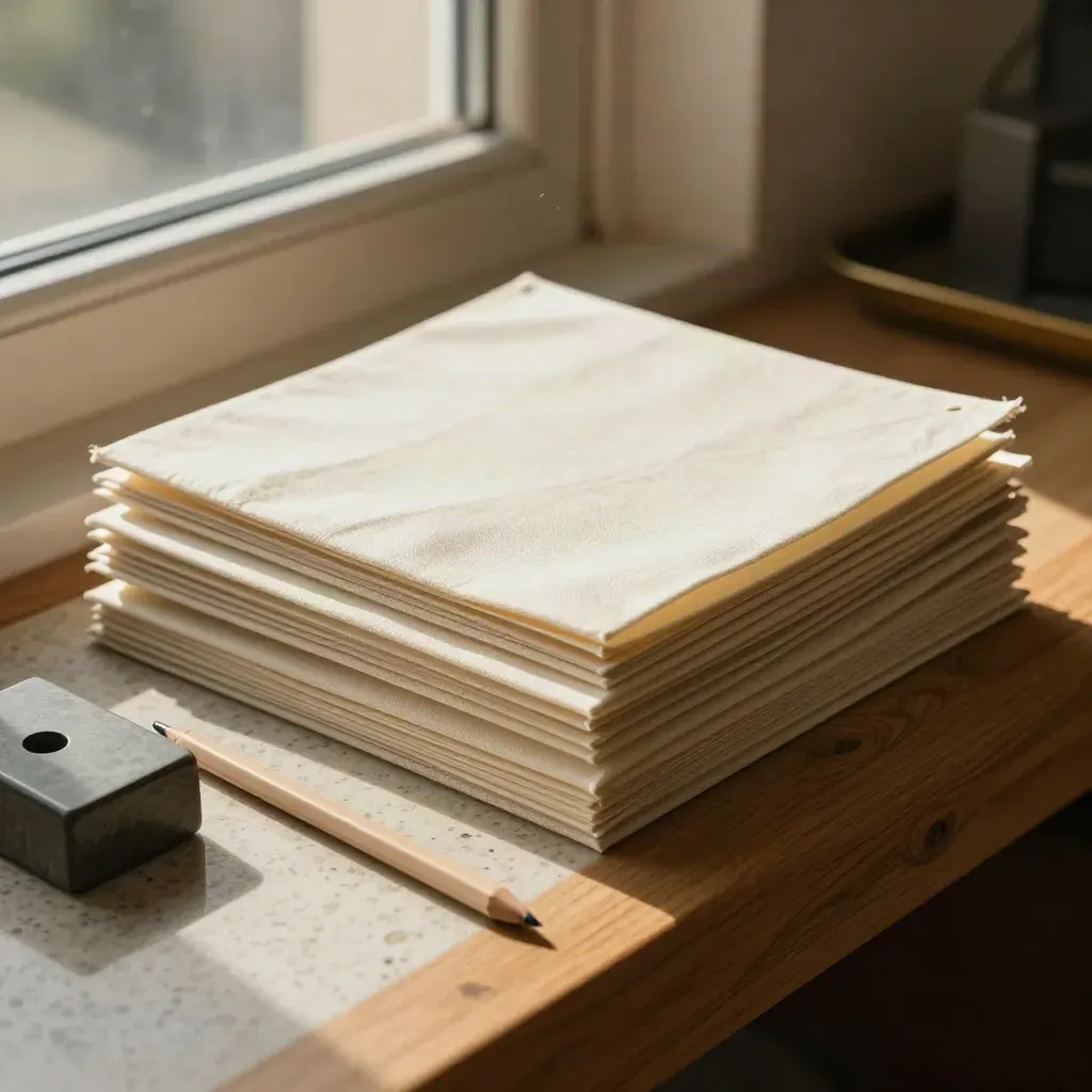 Drie offerte-mappen, een paperweight en een potlood op travertin bij warm raamlicht.