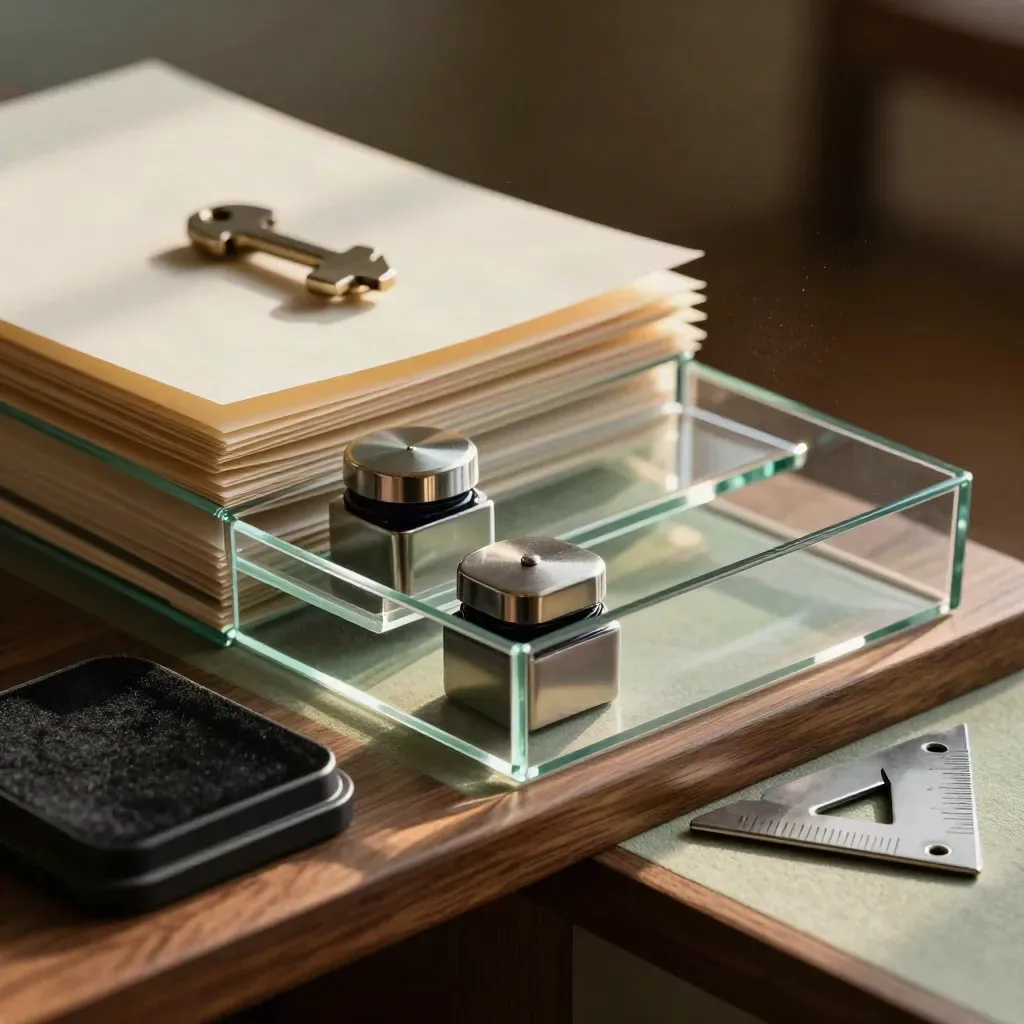 Transparante sorteerlades, metalen paperweights, inktkussen en hoekverdeler op een walnotenhouten ledge.