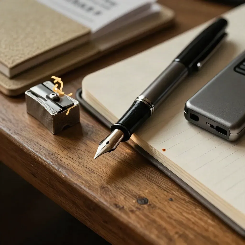 Bovenaanzicht van pen, puntenslijper, audiorecorder en dicht notitieblok op een warme houten werkplek.