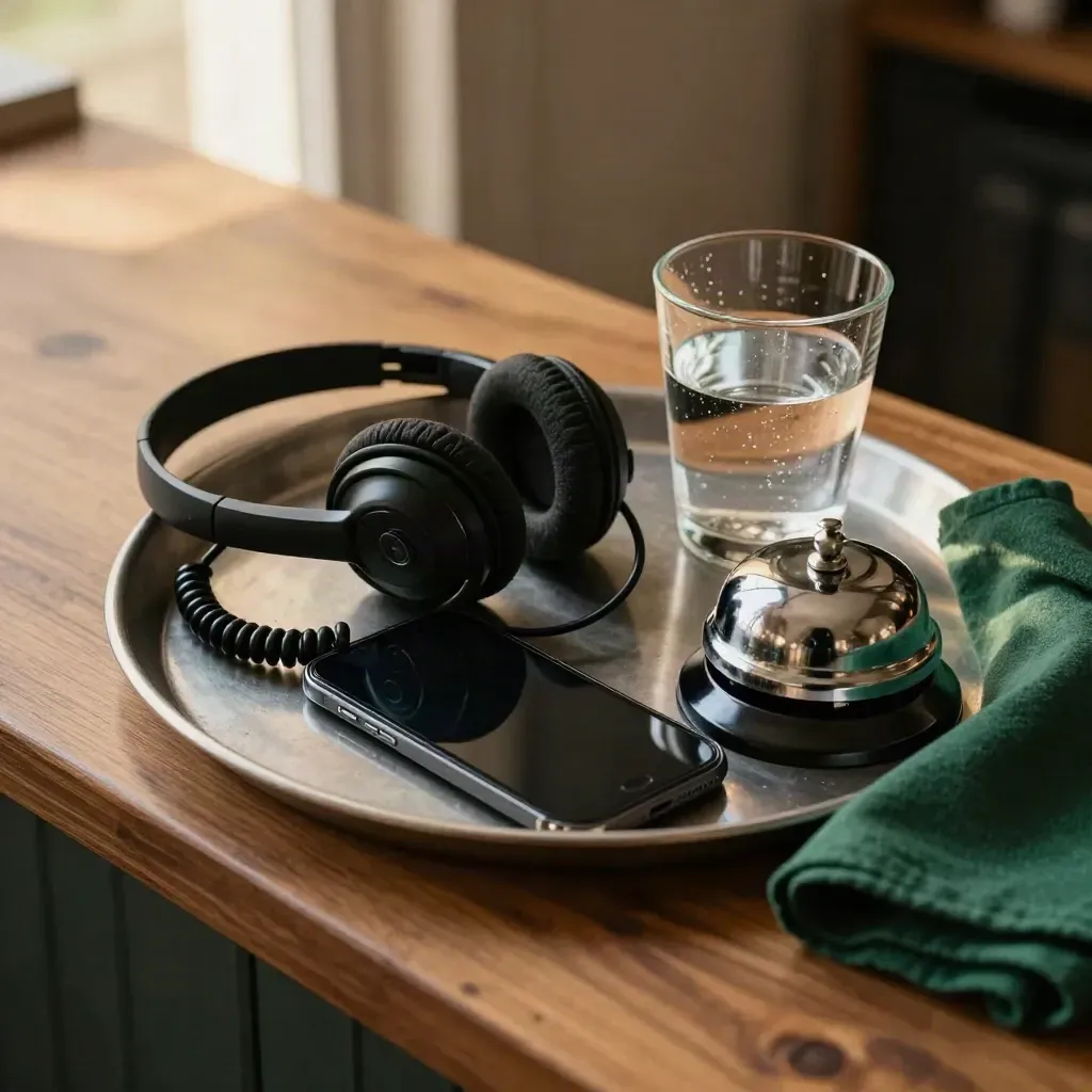 Van boven: headset, telefoon, bel en waterglas op een dienblad met rustig daglicht.