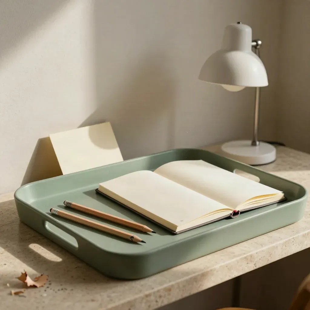 Werktray met notitieboek, klem en lampje in zachte saliegroen op een rustige stenen plank.