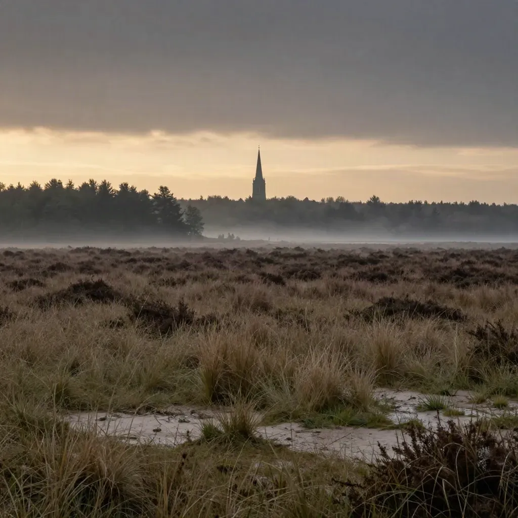 Nevelige heidezoom in Midden-Nederland met verre kerktoren boven een stille bosrand.