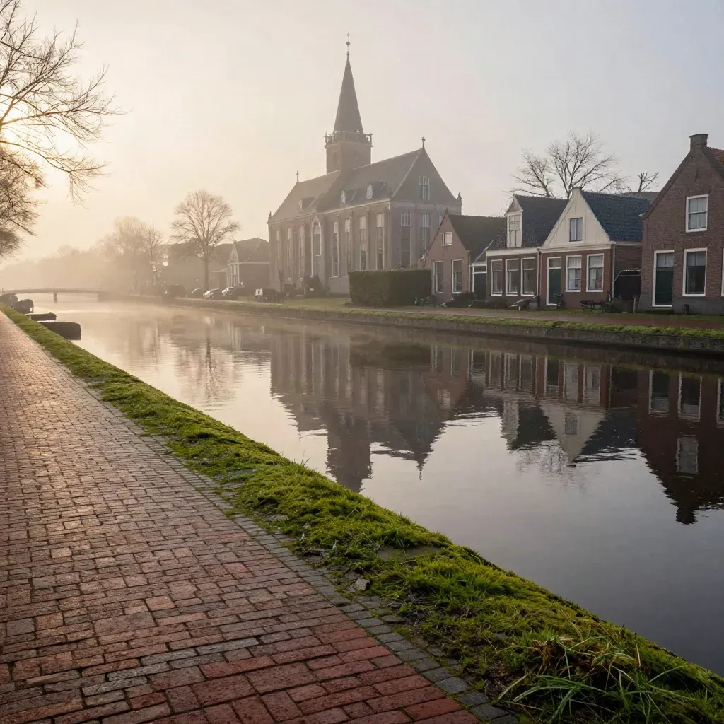 Nat Dijkzicht in Delft met grachten, baksteen en de Nieuwe Kerk in de verte.